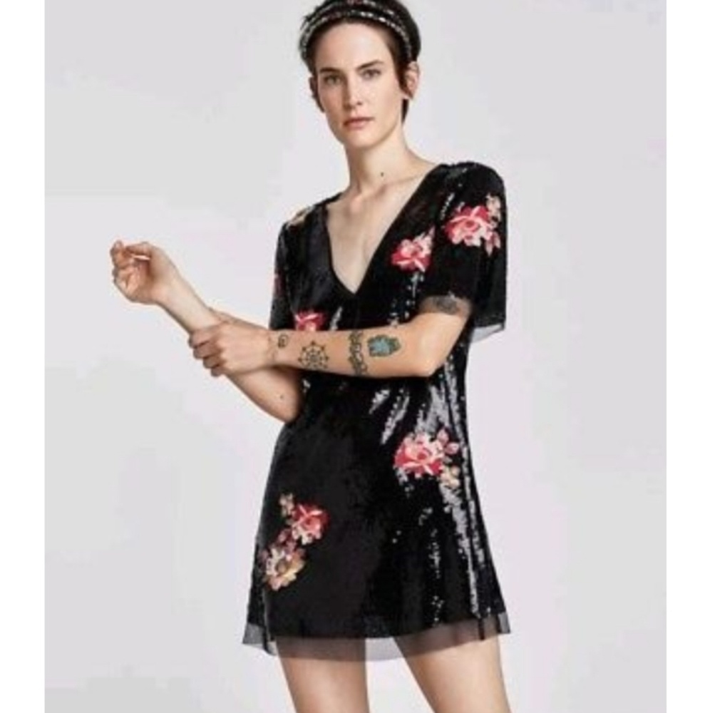 Zara Woman floral embroidered sequin mesh dress